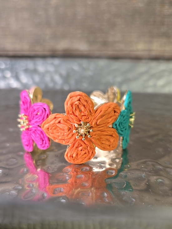 Jewelry - Handmade Floral Cuff Bracelet in Orange, Pink & Teal, NEW